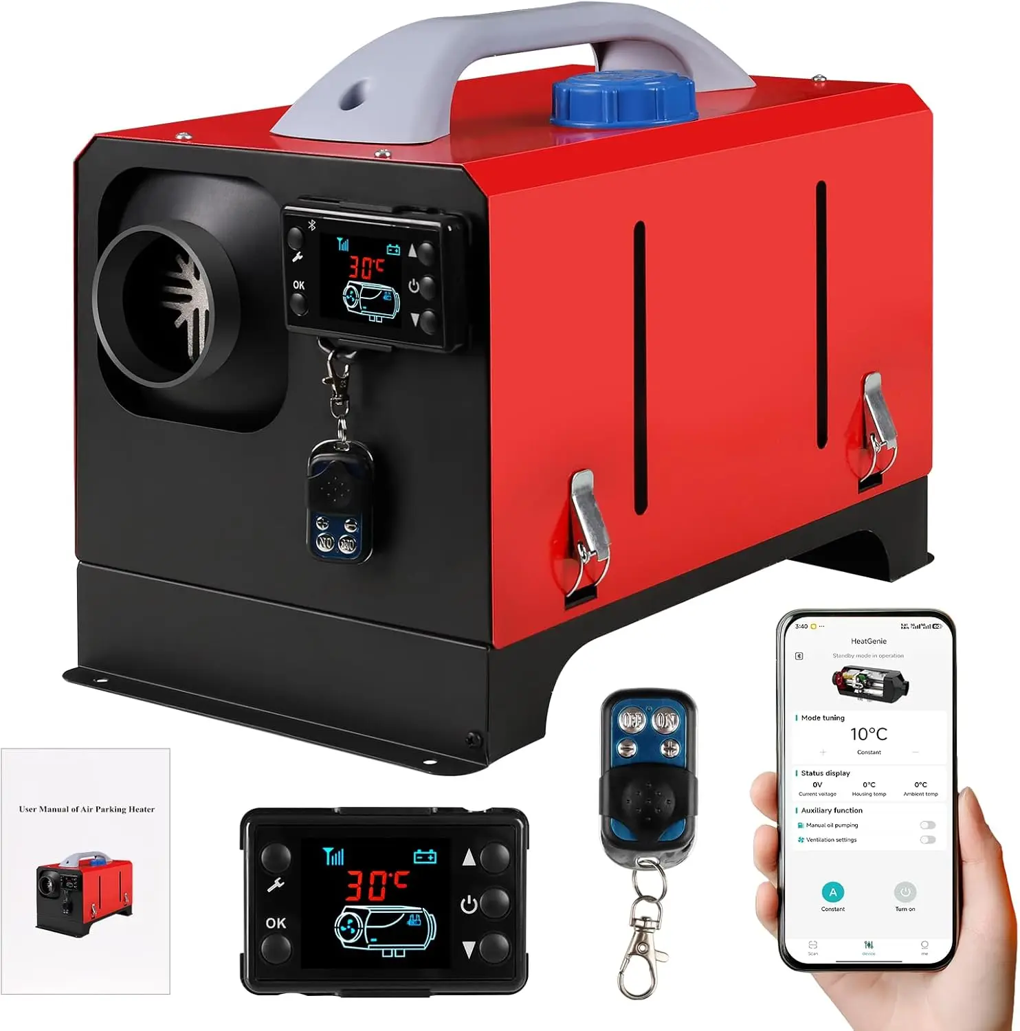 سخان ركن السيارة 8 كيلو وات 12 فولت/24 فولت مع التحكم في التطبيق، شاشة LCD، بدء/إيقاف تلقائي لقارب فان التخييم RV (أفقي أحمر)