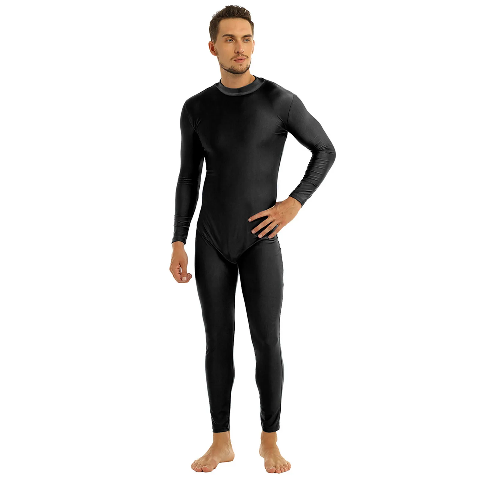 Mens Adults Zentai Well Fit Mock Neck Long Sleeve Skin-Tight Solid Color Unitard Bodysuit Dancewear Body Suit Cosplay Costume