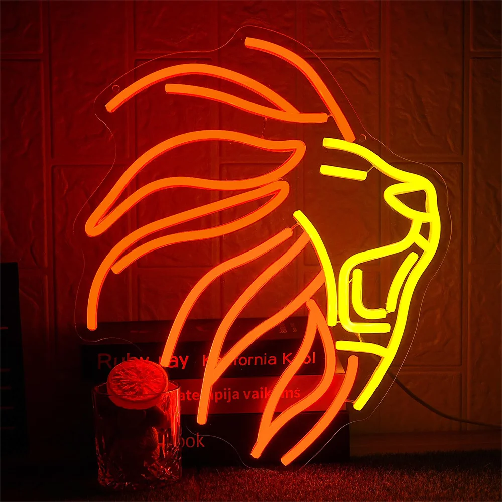 Lion Neon Signs Orange Yellow Lions Head Neon Light for Office Bedroom Livingroom Bar Party Man Cave Gameroom