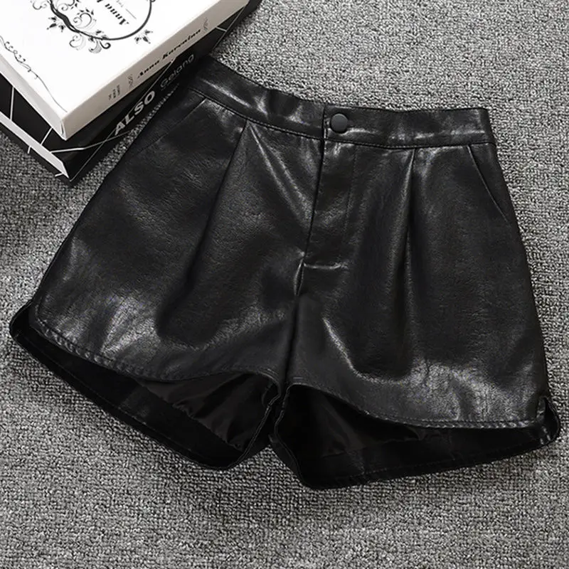 

Sexy Costumes Mid-waisted Women Faux Leather Shorts High Waist Solid Color Button Shorts Fashion Summer Short Pants T399