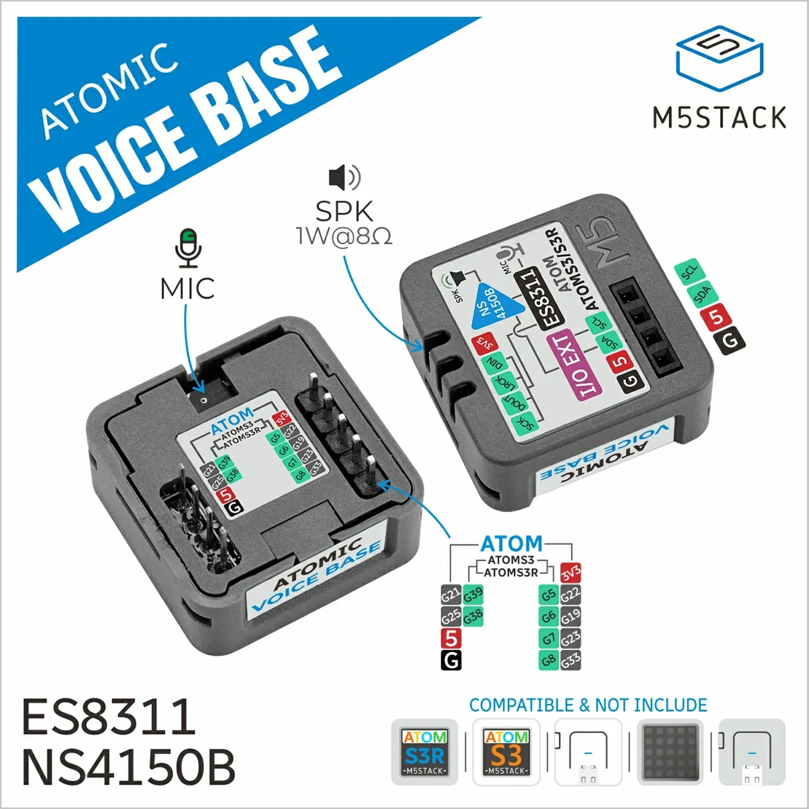 M5Stack Atomic Voice Base ES8311 24-bit Mono Audio Codec MEMS Mic 1W Speaker Full-Duplex AI Voice Recognition Smart Home