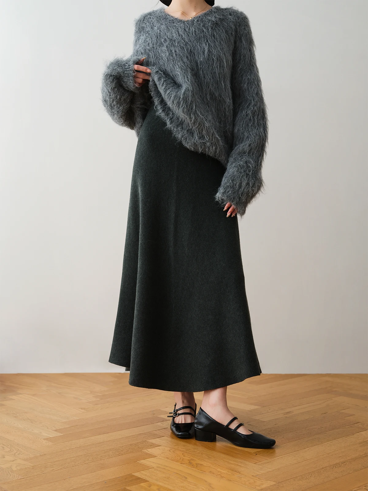 

Bla A-Line Midi Skirt RONRON College Sle Winter 2025 Elastic Waist Slimming Flared Skirt Casual Wear Viscose Polyester Blend