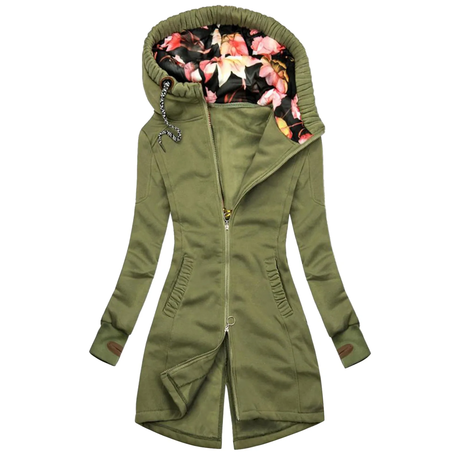 Winter Jacket Hooded Coat Women Fashion Floral Print Jacket Zipper Pocket Sweatshirt Long Sleeve Coat Winter 2023