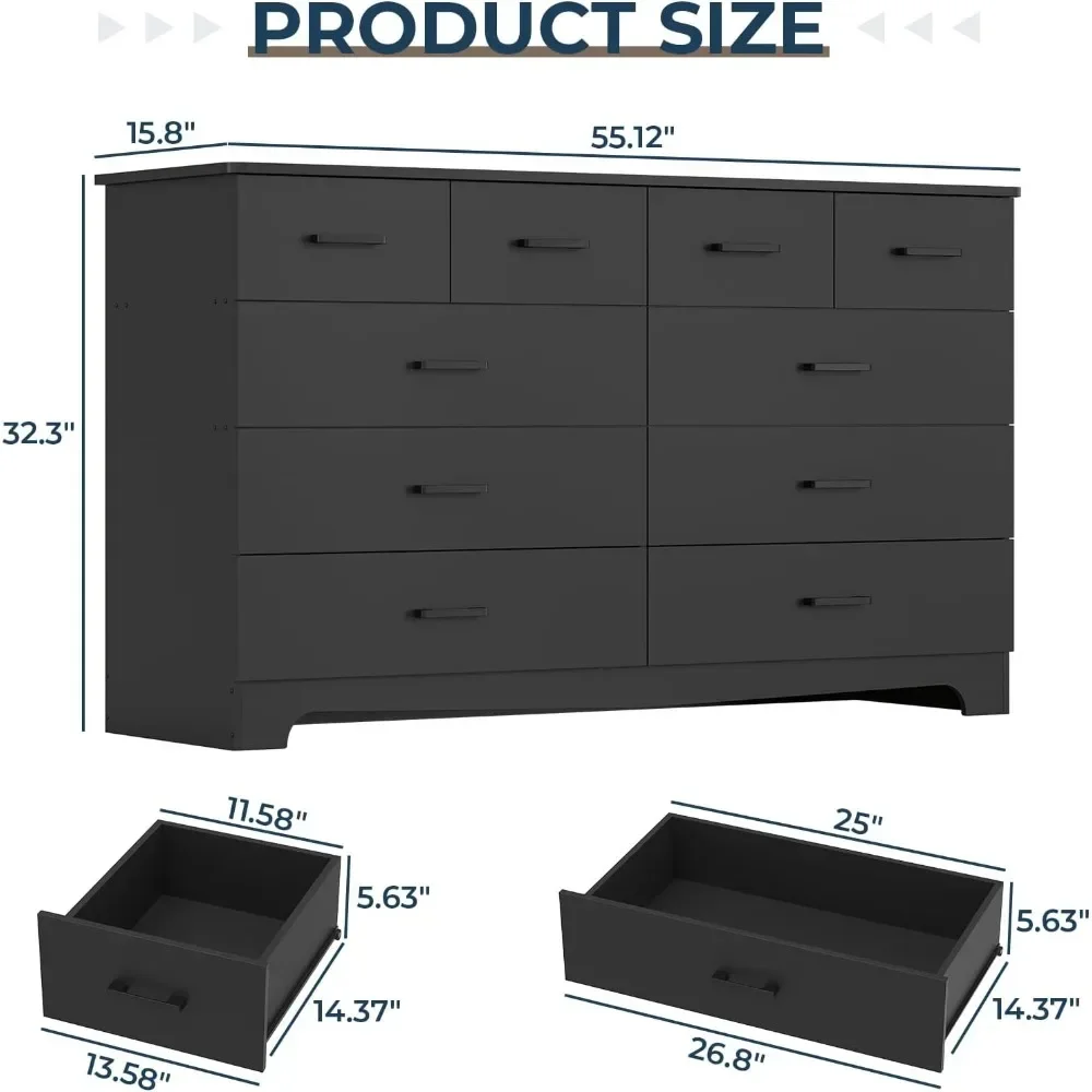 Dresser for Bedroom with 10 Drawers,Large Chest of Drawers Storage Organizer,Long Dresser with Power Outlets, Wide Dresser