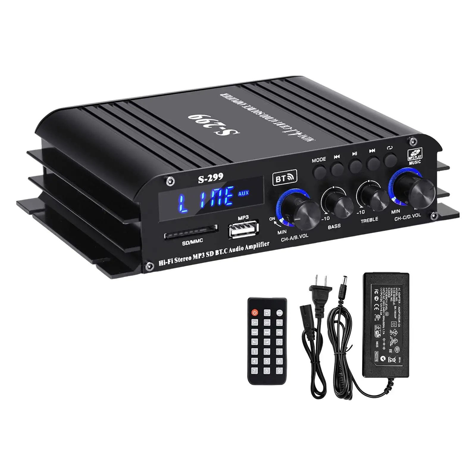 Power Amplifier HiFi Stereo Amp MP3 for Car Home Bar Party Volume Adjustment 4.1 Channel USB AUX BT SD 40wx4 with Power Adapter