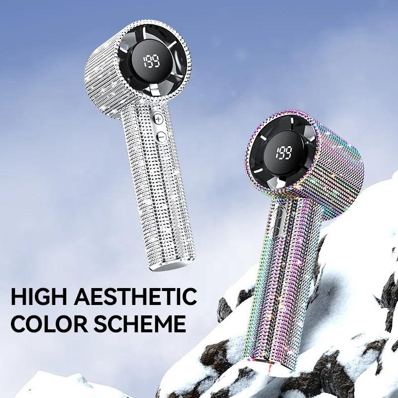 

Factory Wholesale Luxurious Diamond Stick Handheld Small Turbo Fan LED Display 199 Gear Adjustment USB Battery Power for Car