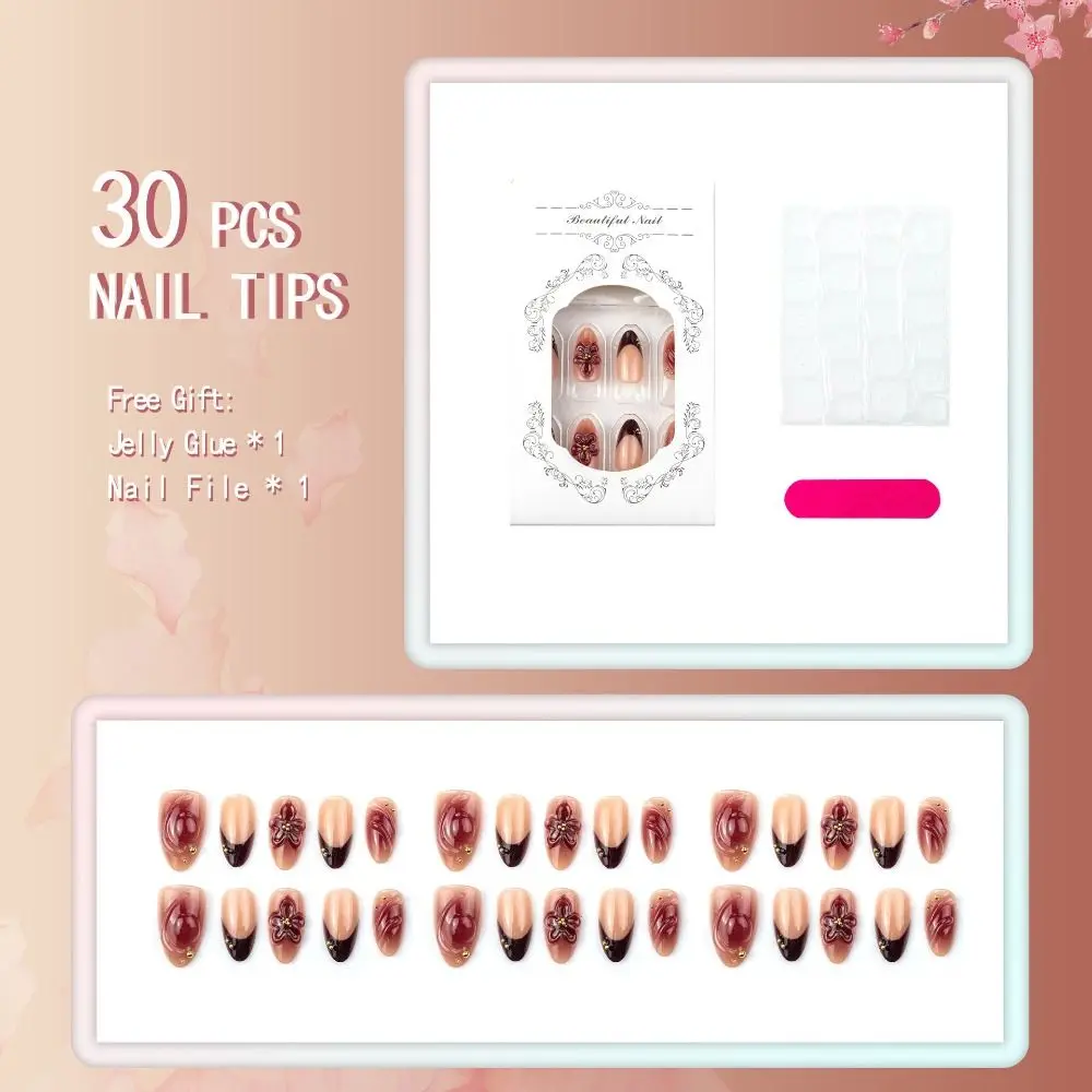 30 Tablets Starfish and Shells Handmade Summer 3D Nails with Diamonds Wearable Manicure Pink Bow Press-On Nails Wearable