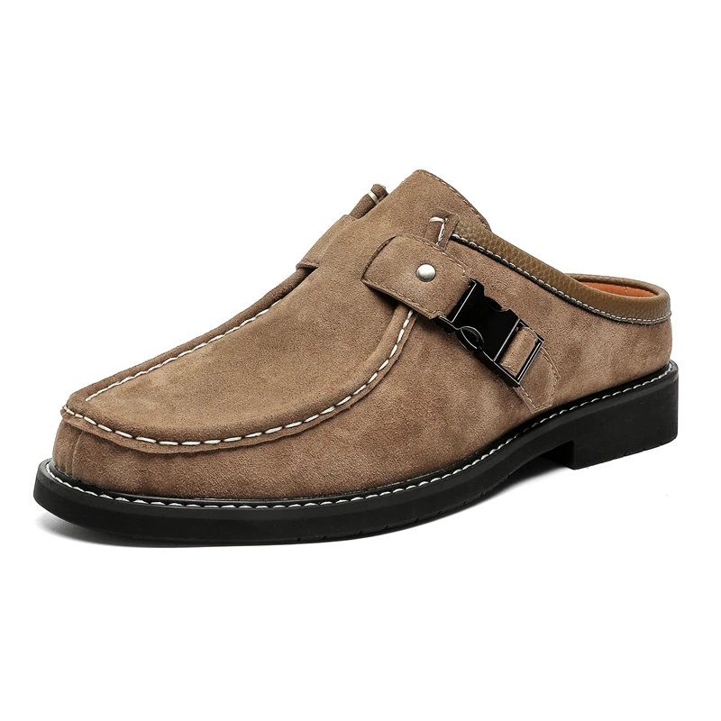 Fashion Leather Half Shoes for Men Mules Semi-Drag Loafers Slippers Open-back Casual Shoes Slides Sandal Backless Slip On Flats