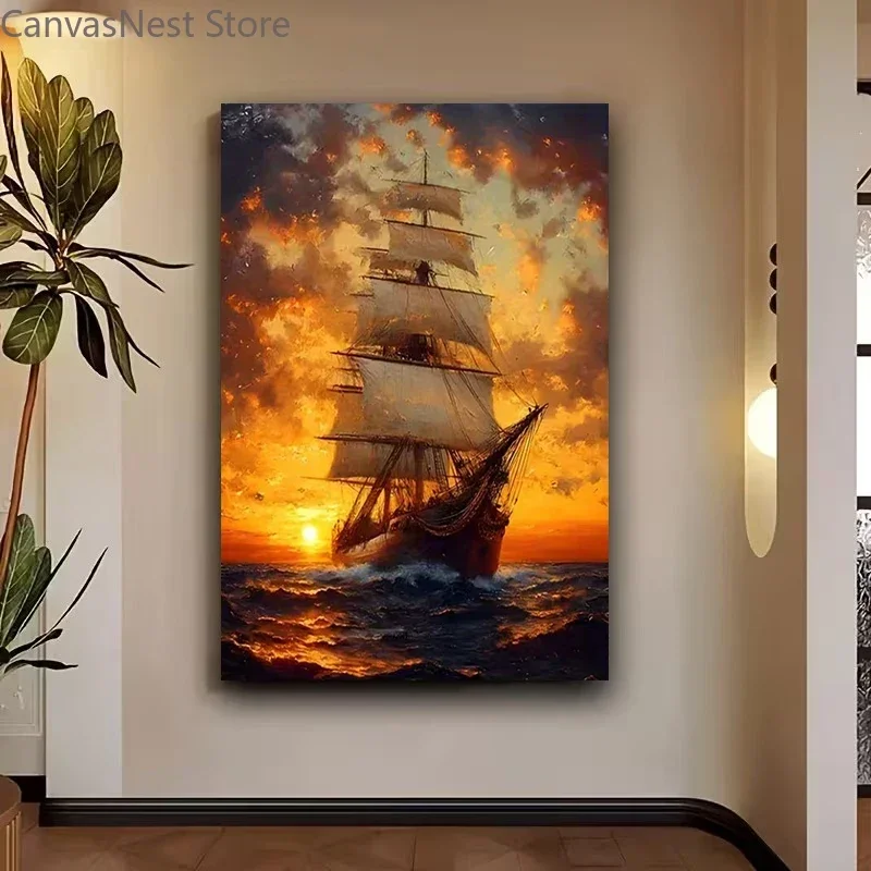 Sailing Into The Sunset Ship Boat Poster and Prints Canvas Painting Wall Art Pictures Home Decor Cuadros