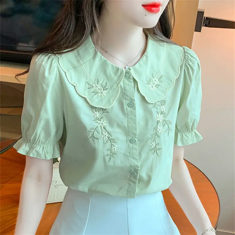 Sweet Peter Pan Collar Spliced Ruffles Embroidery Shirt Women\'s Clothing 2023 Summer New Casual Tops Loose Office Lady Blouse