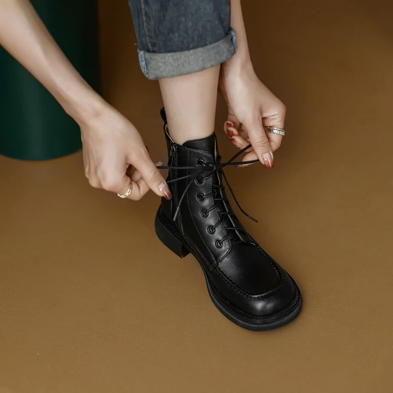 NEW Fall Shoes Women Split Leather Boots Round Toe Chunky Heel Women Shoes Winter Solid Lace-up Ankle Boots Western Boots Women