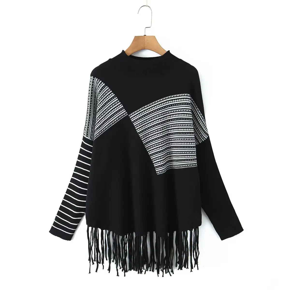 JNLEAOG Spring New Women's Faion Design Slant Stripe Embroidery Tassel Sweater Crew Ne Long Sve Regular Fit Linen Blend