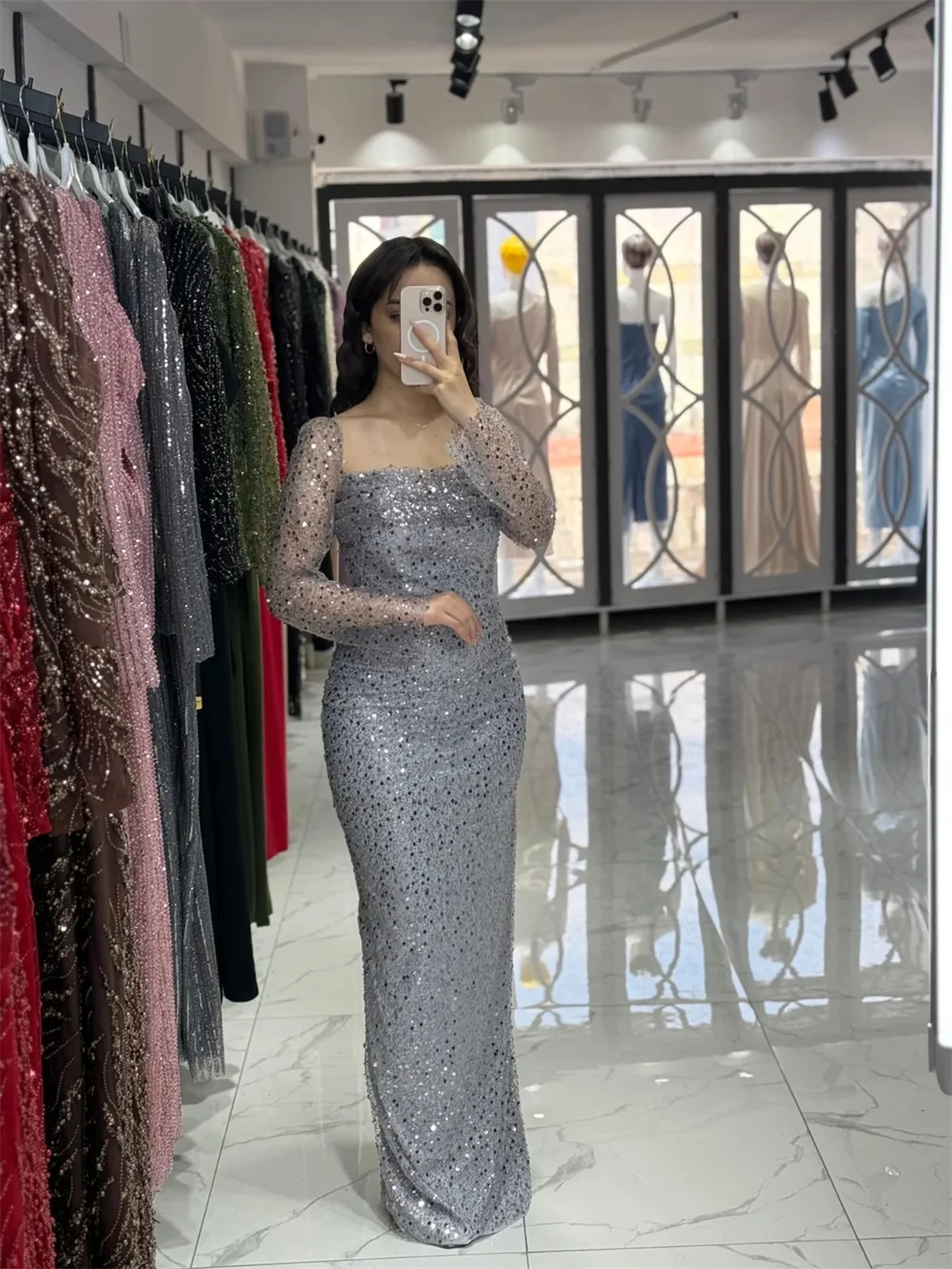 Cathy Customized Sliver Sequins Mermaid Prom Dress Square Neck Long Sleeves vestidos de noiva Detachable Train Evening Dresses