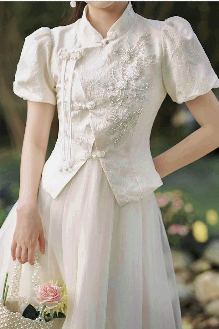 

Вышитый китайский комплект с длинной юбкой из сетчатой ткани и пуговицами, высококачественная модная одежда для молодых женщин