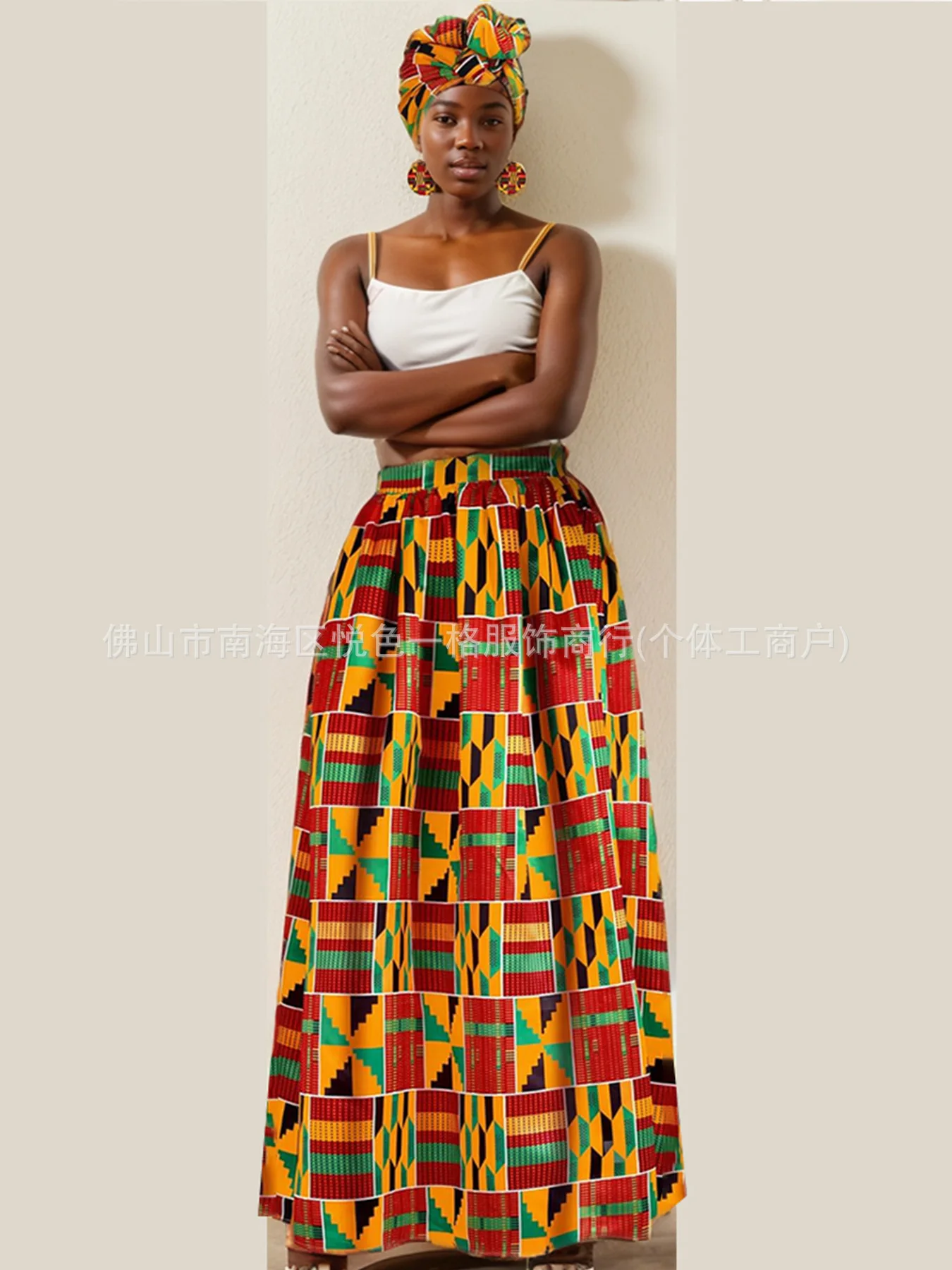 

Юбка-трапеция в стиле бохо с африканским принтом, с карманами, с цветочным узором, с элементами тюрбана, миди, на резинке, летняя пляжная, полукруглая