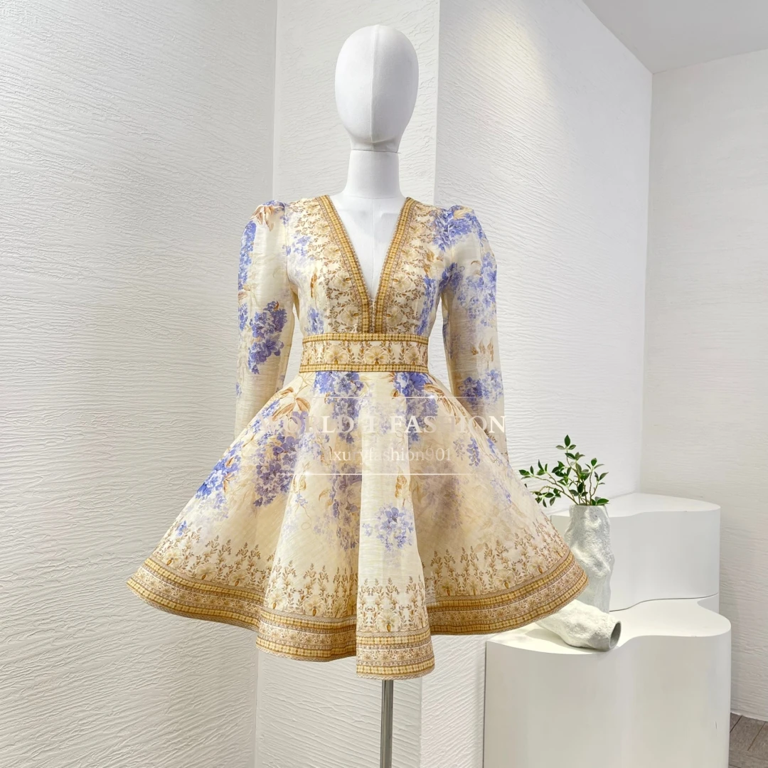 2025, Frühlings-Minikleid mit violettem Gold-Lila- und Blumendruck, langen Ärmeln und V-Ausschnitt