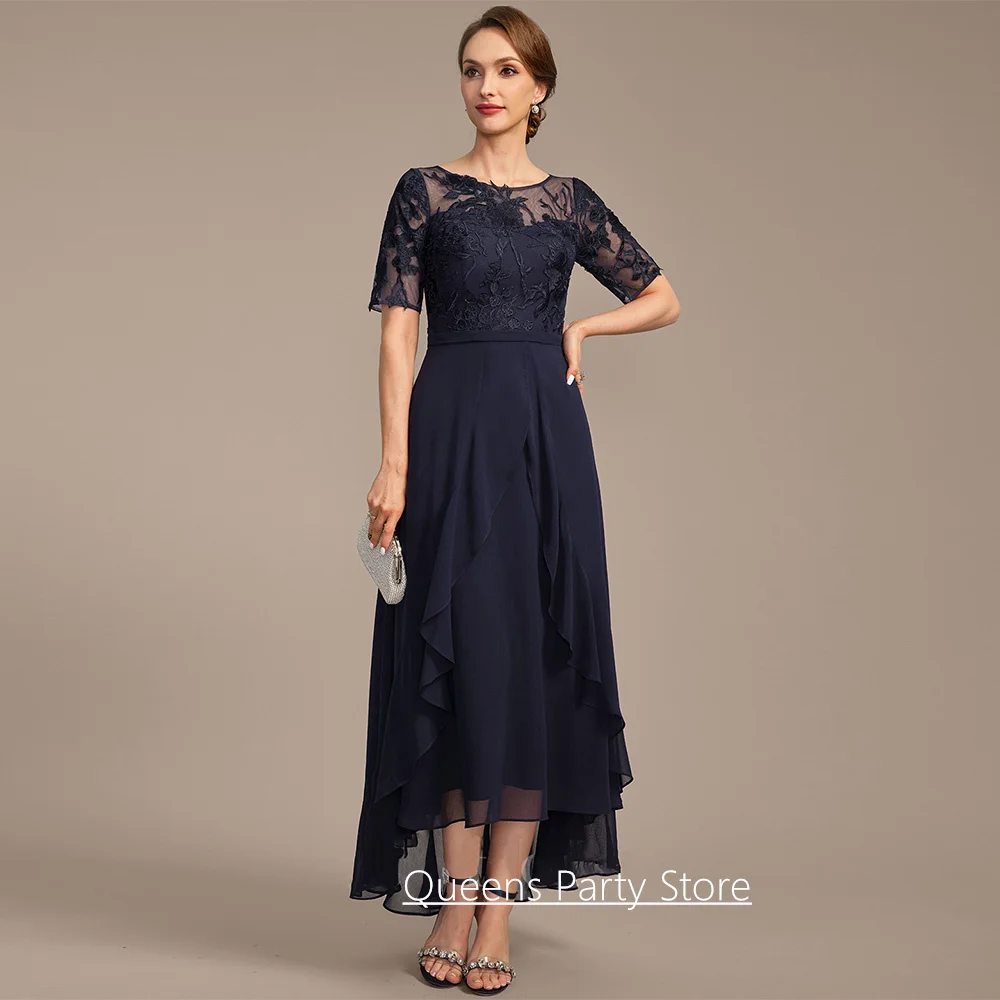 

Short Sleeves O Neck Mother of The Bride Dress Customized Applique Chiffon Hi-lo Summer Wedding Guest Gown Party Dresses
