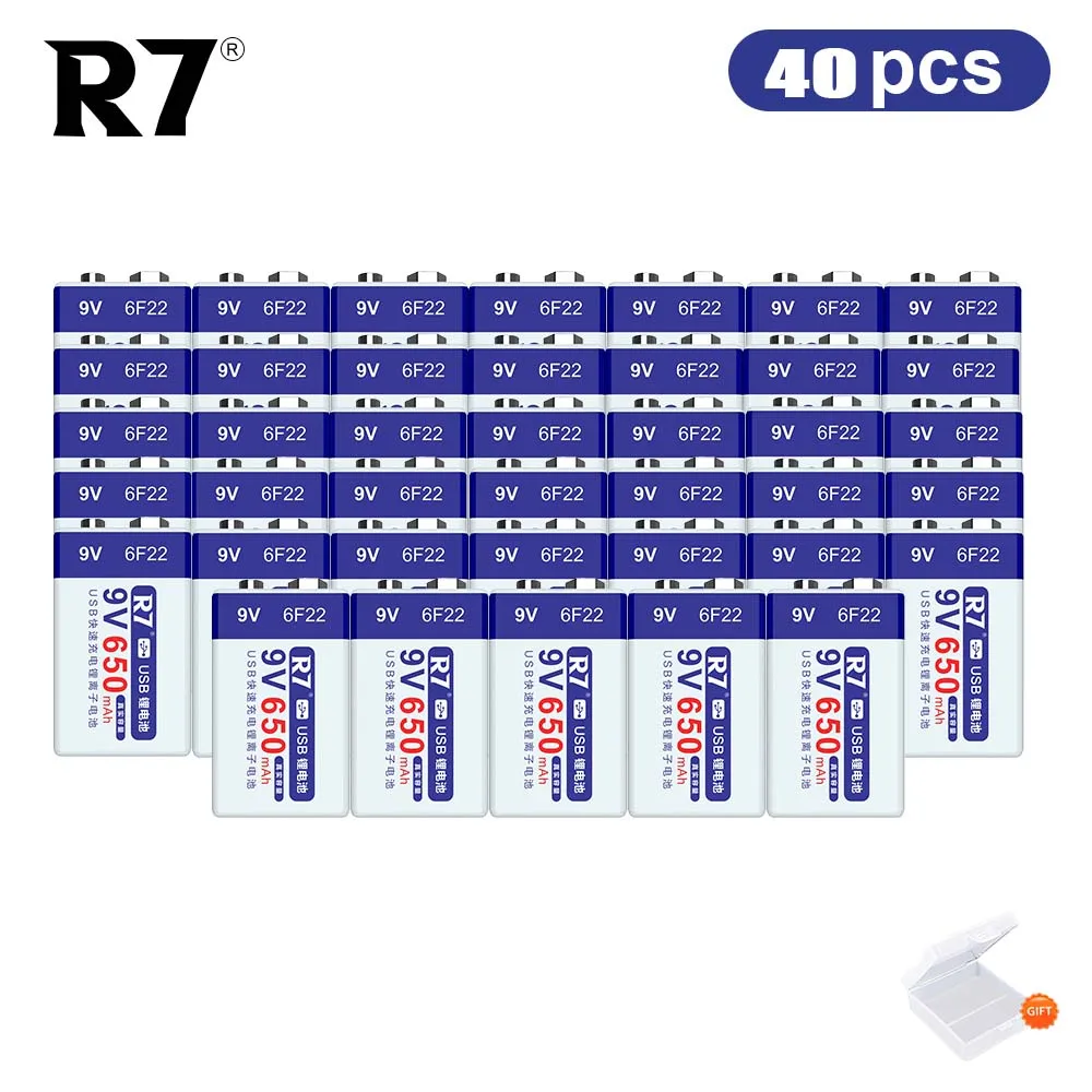 

40Pcs 9V rechargeable battery USB 9V Li-ion batteries 650mAh 6F22 for Metal Detector Toys