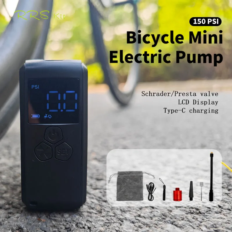 RRSKIT Portable Bike Pump Mini Electric Air Pump With LCD Display 150PSI Tire Inflator Motorcycle Car E-bike Bicycle Pump