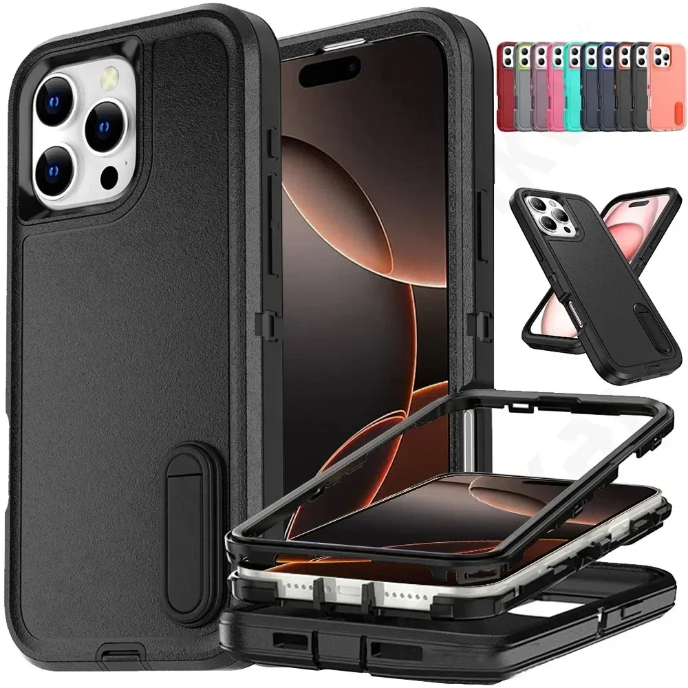 

3IN1 Otter Defender Series Kickstand Phone Case For IPhone 16E 15 14 Plus 13 12 11 Pro Max Hybrid Armor Anti-Drop Protect Cover