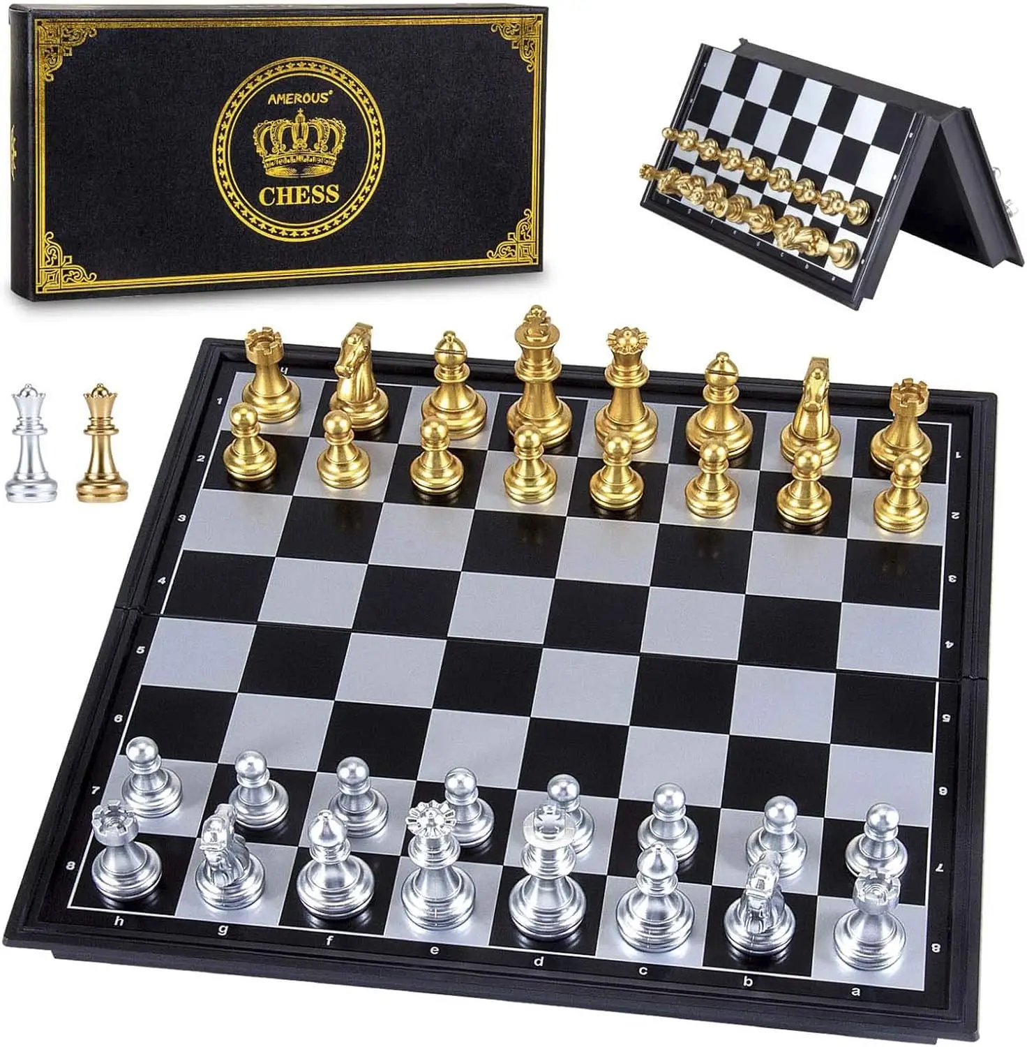 

Magnetic Travel Chess Set, Portable Folding Board with Gold & Silver Pieces, 2 Extra Queens, for Beginners Kids Adults
