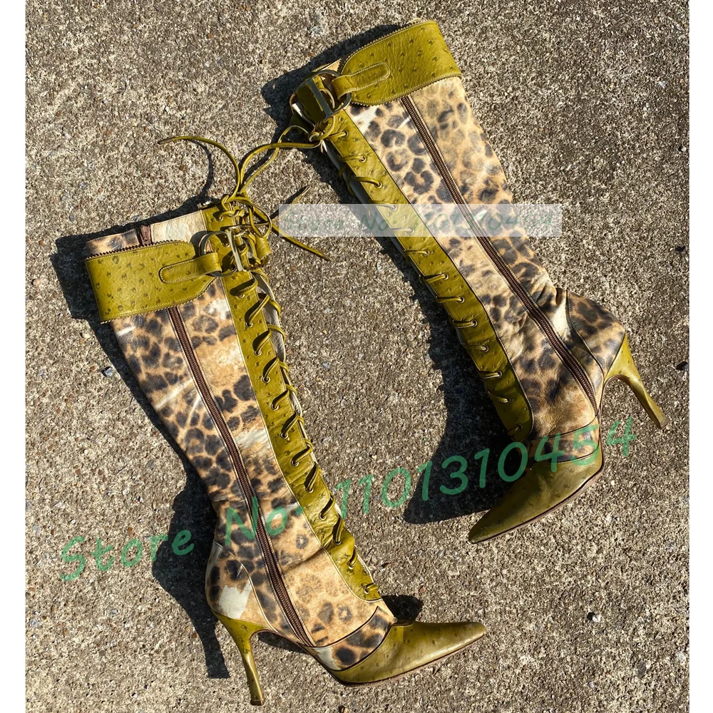 Zielony Leopard Splicing Knee High Boots Sexy Ladies Cross Tied Point Toe High Heels Boots Women Metal Buckle Decor Big Size Shoes