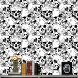 1pc Halloween Skull Floral Peel and Stick Wallpaper, Self-Adhesive, Removable, Bedroom Wall Decorations, Black and White