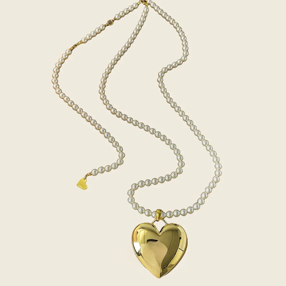 Large metal open and close heart long strap bag necklace