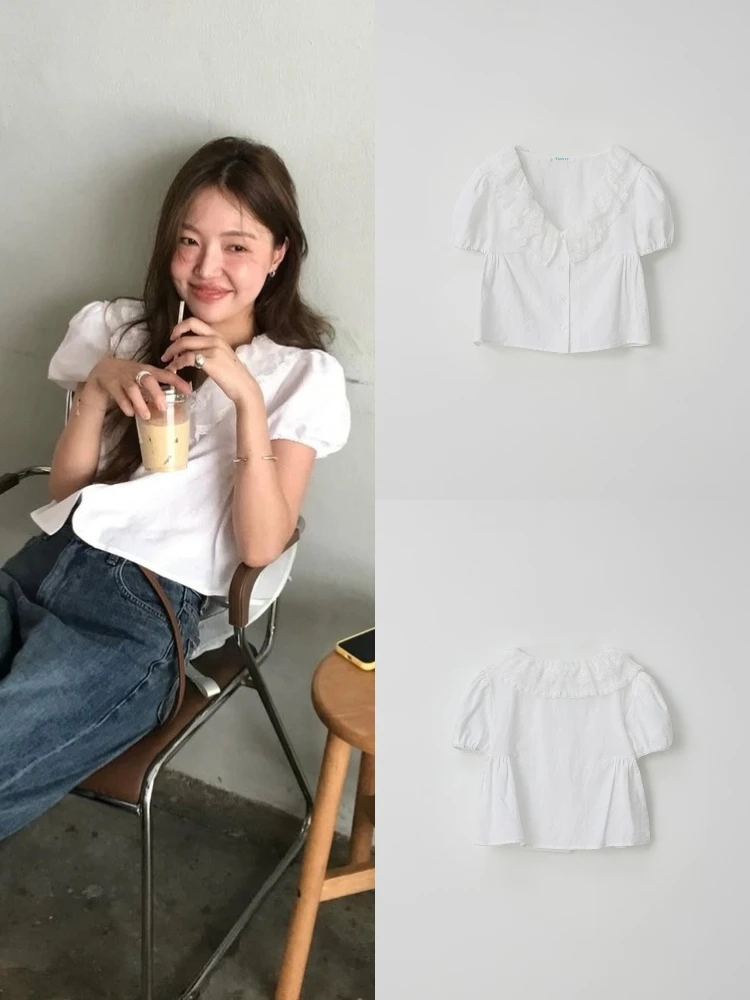 

Белый кружевной воротник ort Bubble Sve irt Sweet Anti-Aging ort Sve Blouse Dongda Gate Sle Loose Fit Pure Color Butto...