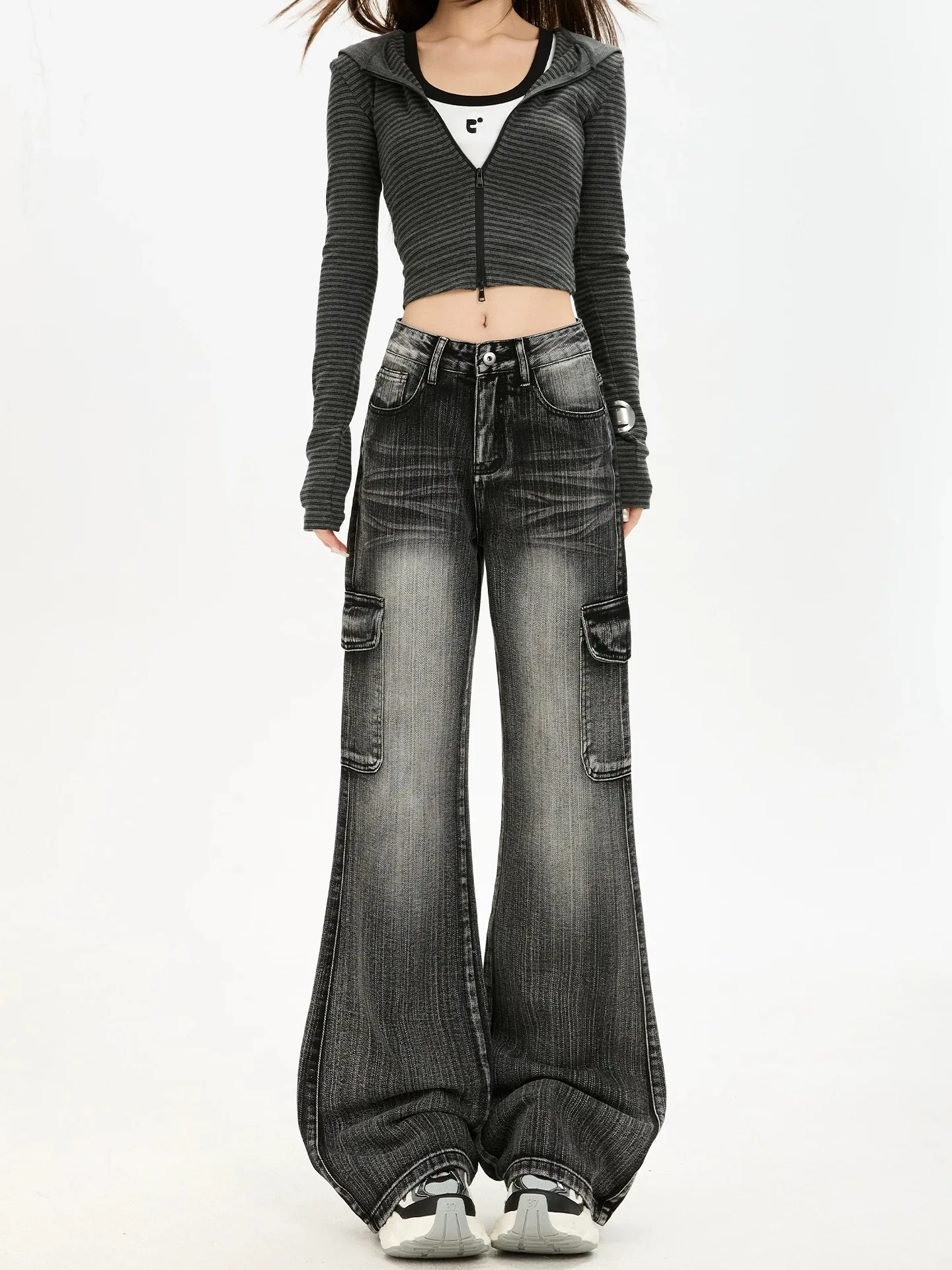 Y2K Micro Flared Jeans Women Black Gray Textured Workwear Pants Loose Non Stick Leg Autumn Hot Girls New