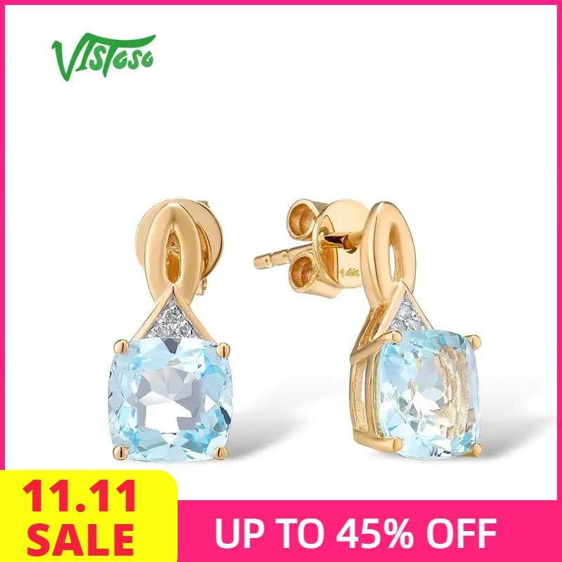

VISTOSO Gold Earrings For Women 14K 585 Yellow Gold Glamorous Shiny Blue Topaz Sparkling Diamond Luxury Trendy Fine Jewelry