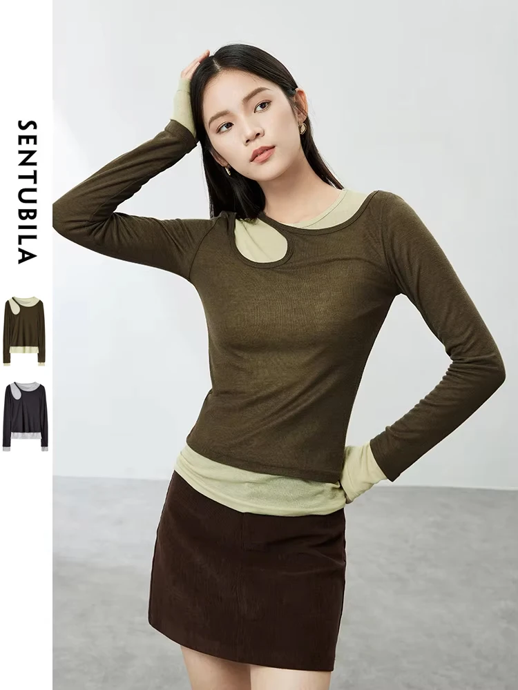 SENTUBILA Women's 2 in 1 Sweater Contrast Slim Pullover 2024 Spring Comfort Long Sleeve Knit Top Woman Autumn Clothes 141H53358