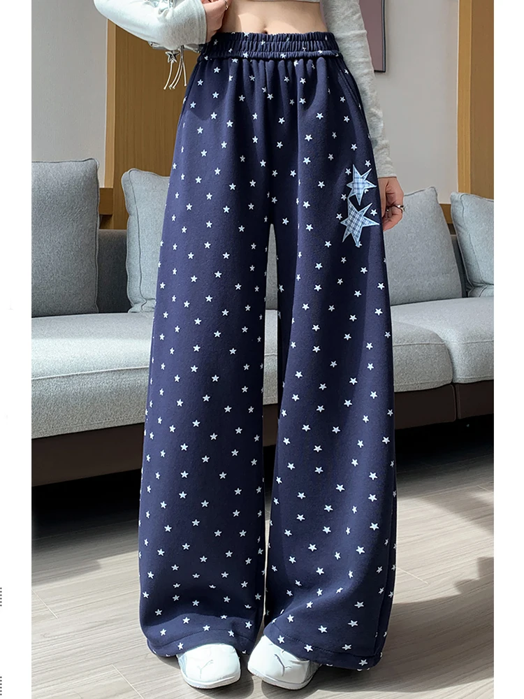 American Dot Stars Pants Women Loose Vintage Sweet High Waist Casual Trousers Fall Retro Preppy Style All Match Wide Leg Pant