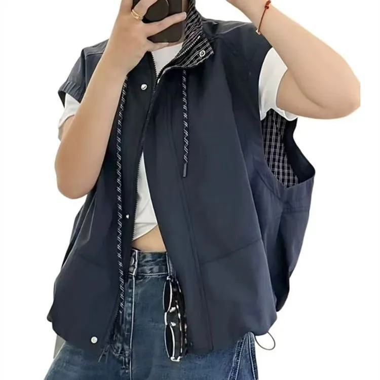 

Women's Svel Stand Collar Jaet Vest Dstring Bot Design Faionable mat Korean Sle Autumn Winter Coat