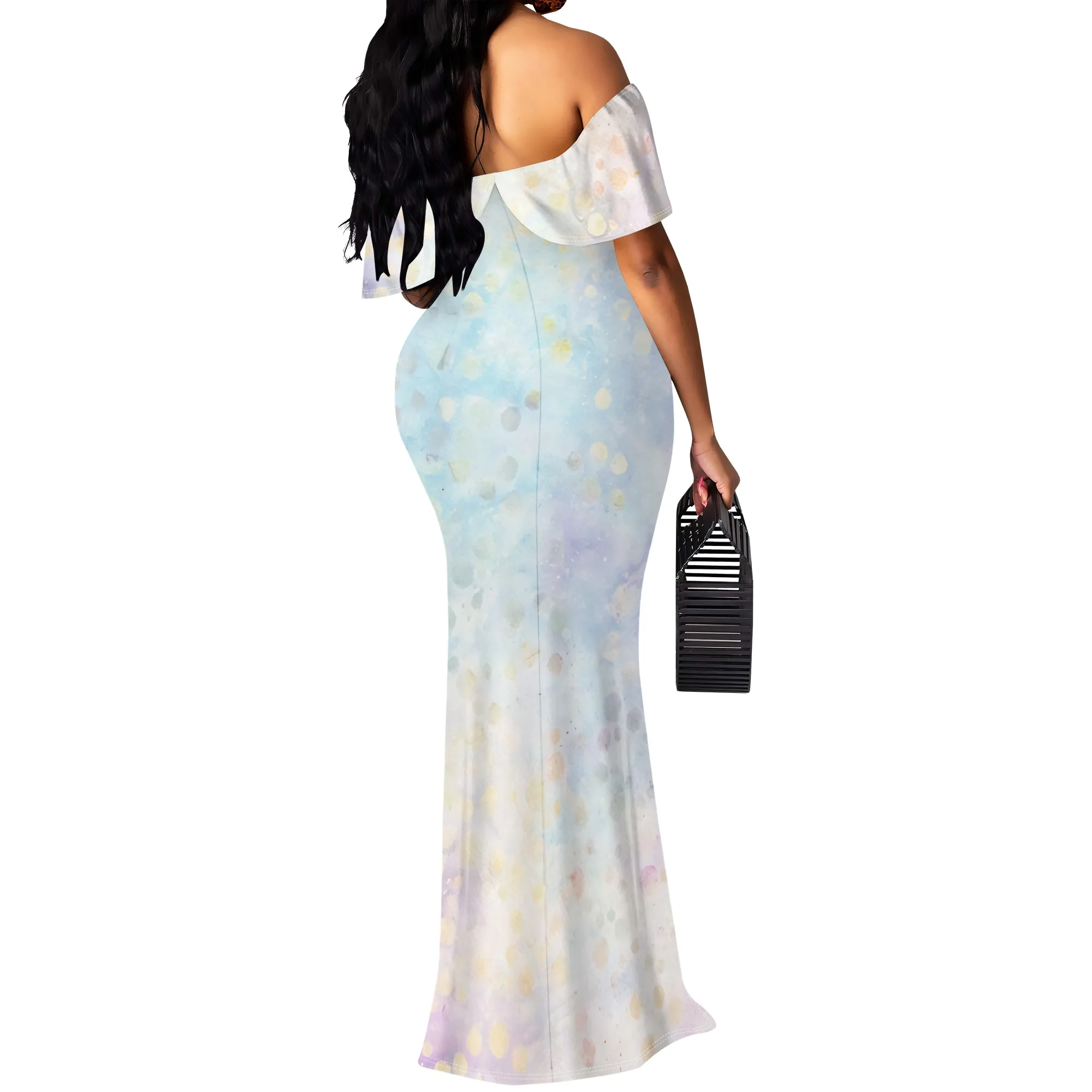 プラスサイズオフショルダーライトブルーボケプリントマキシドレスエレガントな誕生日ウェディングパーティードレス