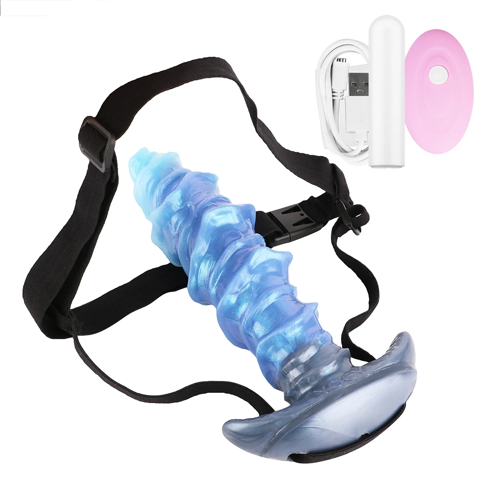 FAAK Remote Control Vibrating Strap-ons Silicone Long Ribbed Anal Plug with Large Tail BDSM Wearable Dildo Sex Toys For Women - view 2