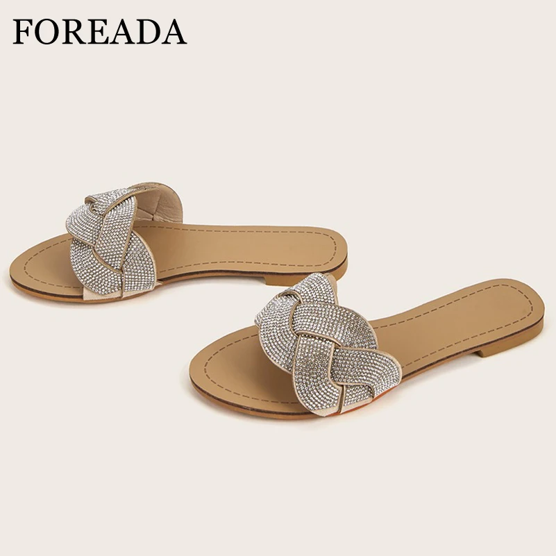 

FOREADA Women Slides Round Toe Flat Sandals Crystal Slippers Concise Brand Design Ladies Fashion Casual Shoes Summer Apricot 42