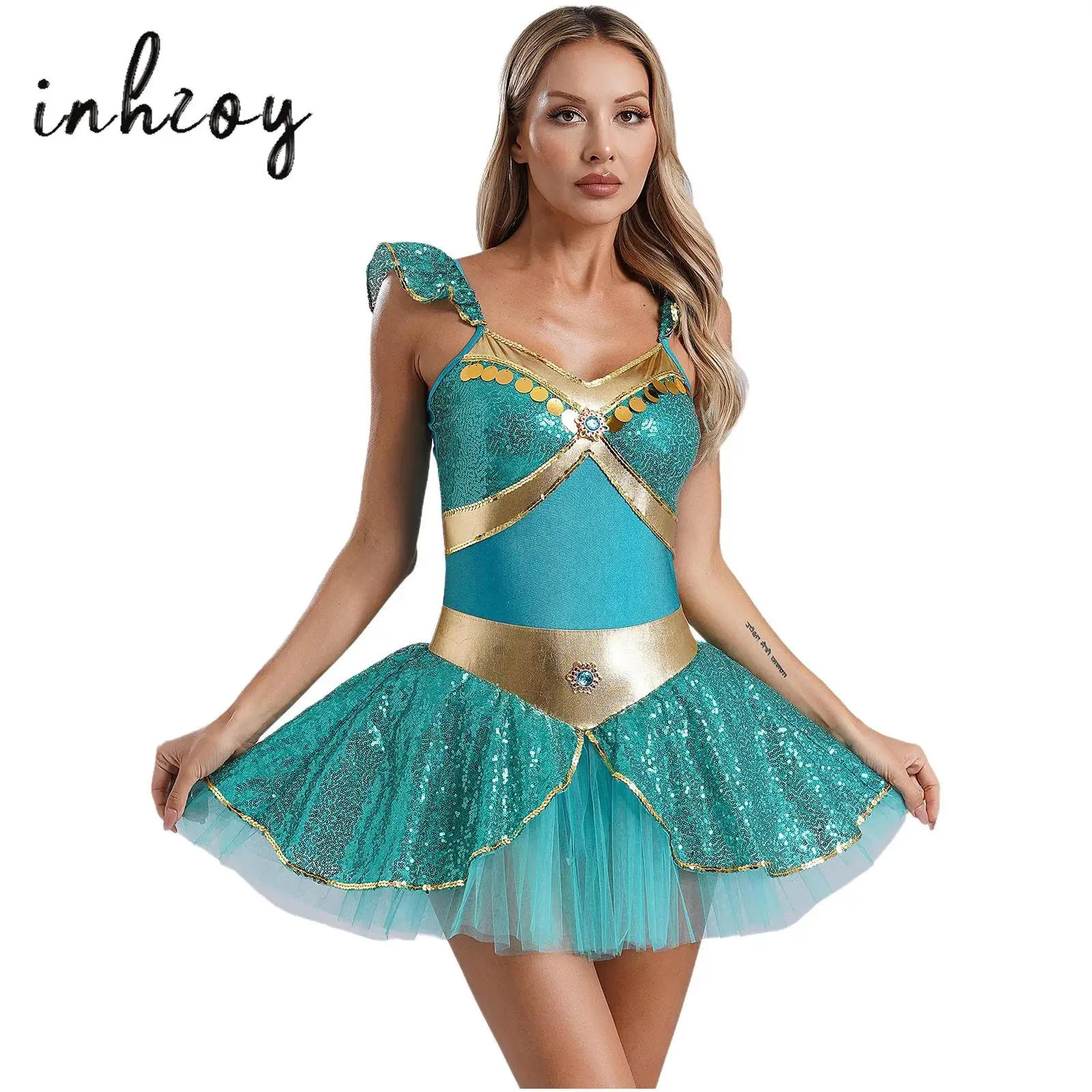 

Womens Belly Dance Dress Halloween Party Arabian Princess Cosplay Costumes Fly Sleeve Sequined Rhinestone Tulle Skirt Dress