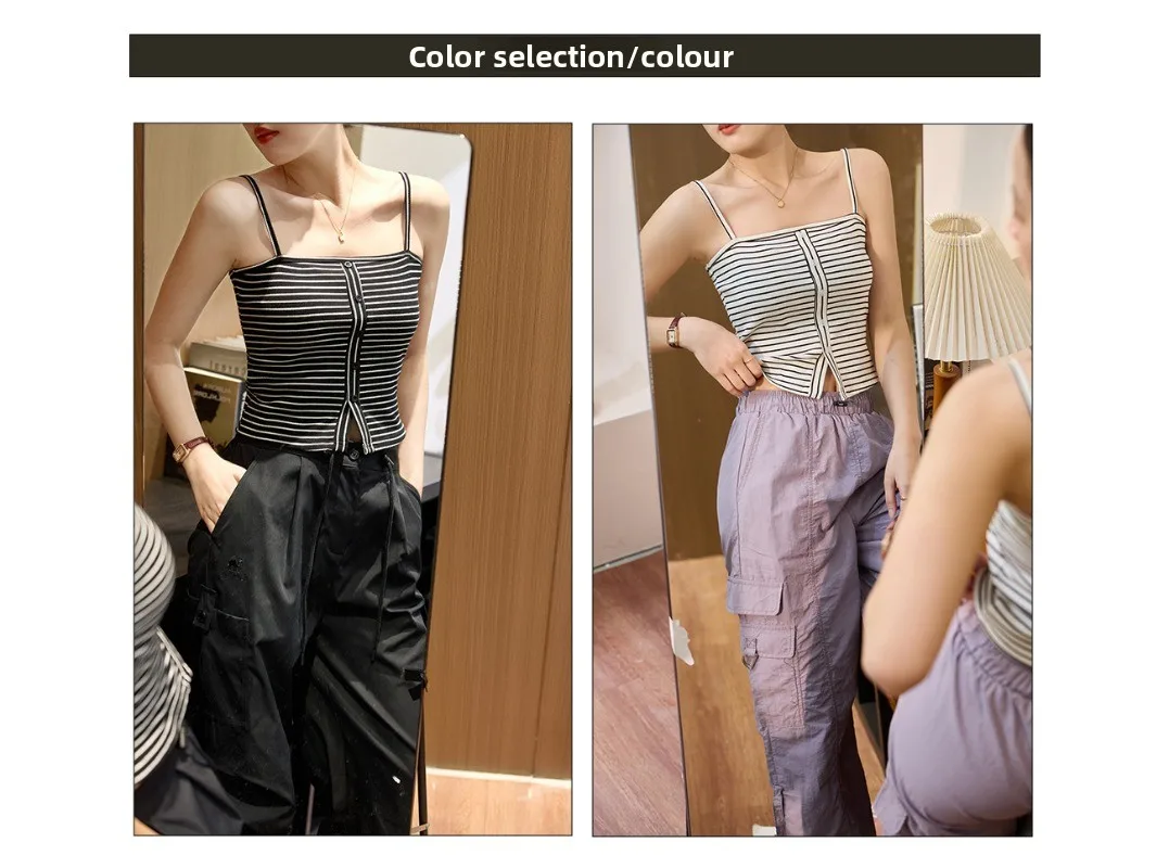 여성 여름 핫걸들을 위한 코튼 디자인 스트라이프 캐미솔 베스트, 오프숄더 아우터 베이스 탑