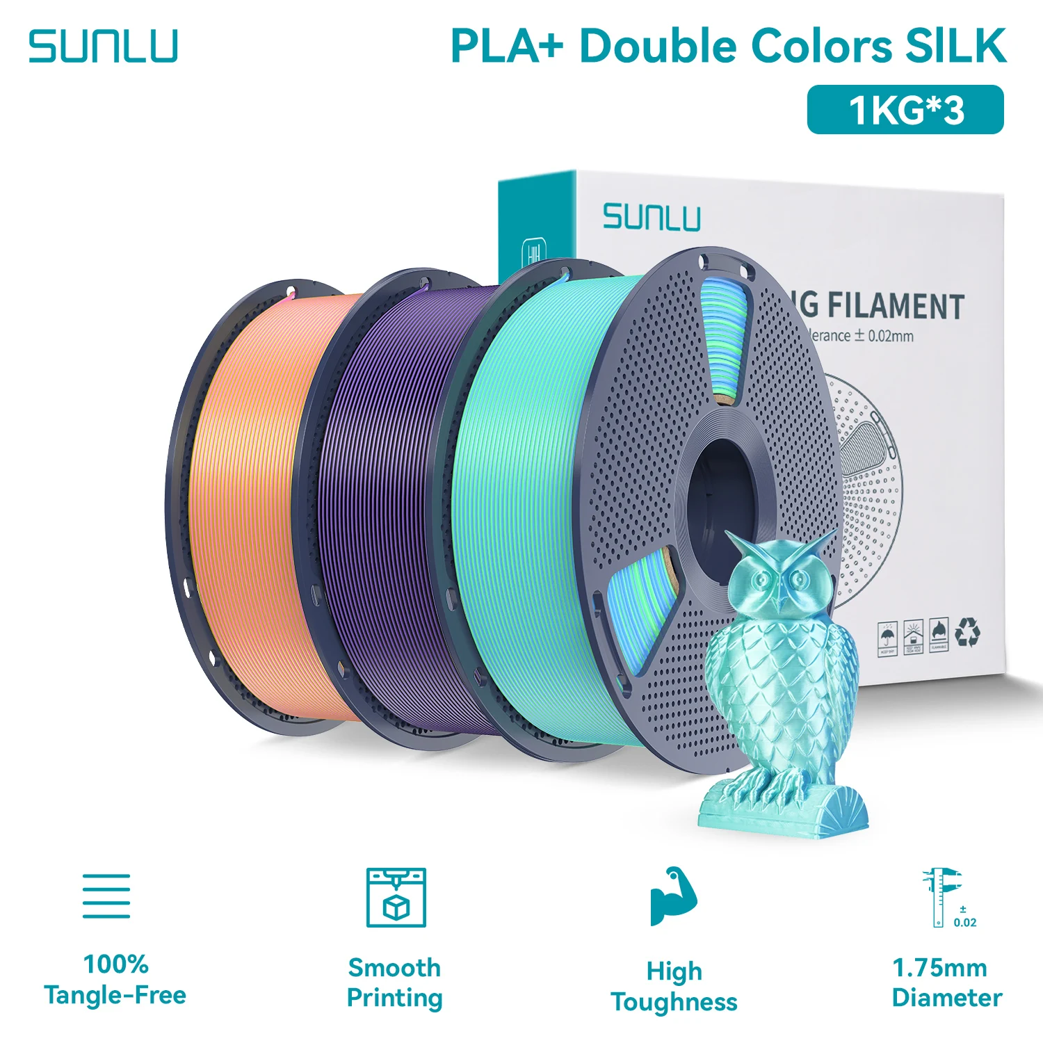 SUNLU Silk PLA PLUS 3D Filament 1.75mm Dubbele Kleuren Zijde Texturen PLA+ Verloopkleuren Filament voor de Meeste FDM 3D Printers 3KG