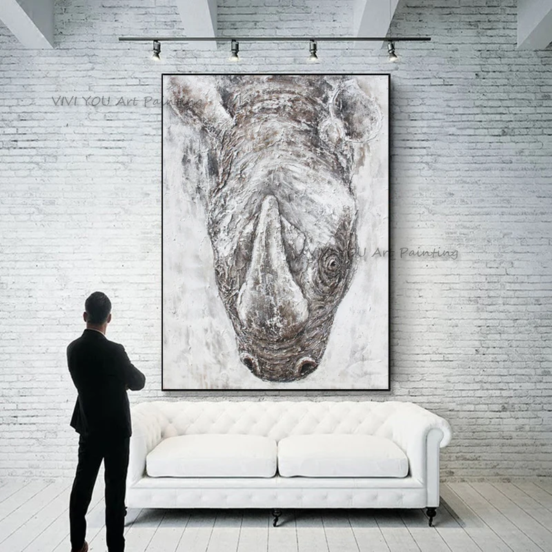 Handpainted Wall Oil Painting On Canvas Thick Texture Rhino Portrait Animal Oil Painting for Loft Office Bedroom Decor