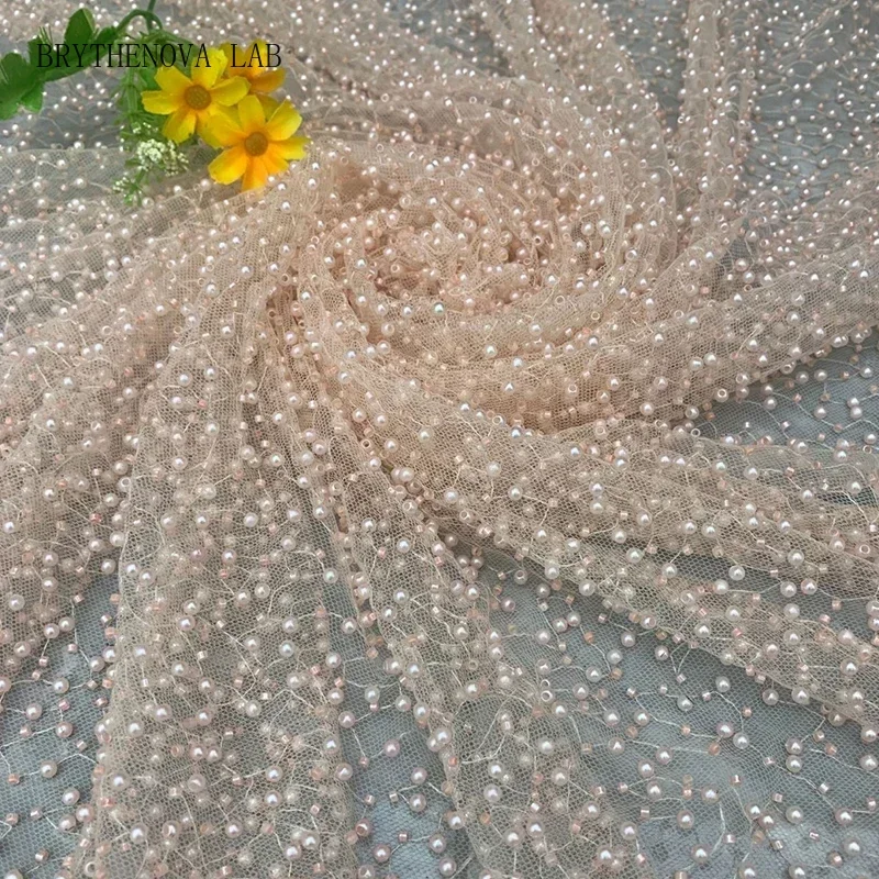 90x125cm Luxury Embroidery Pearl Sequin Loose Bead Fabric Dress Handmade Material High Quality Handmade Pearl Beads Mesh