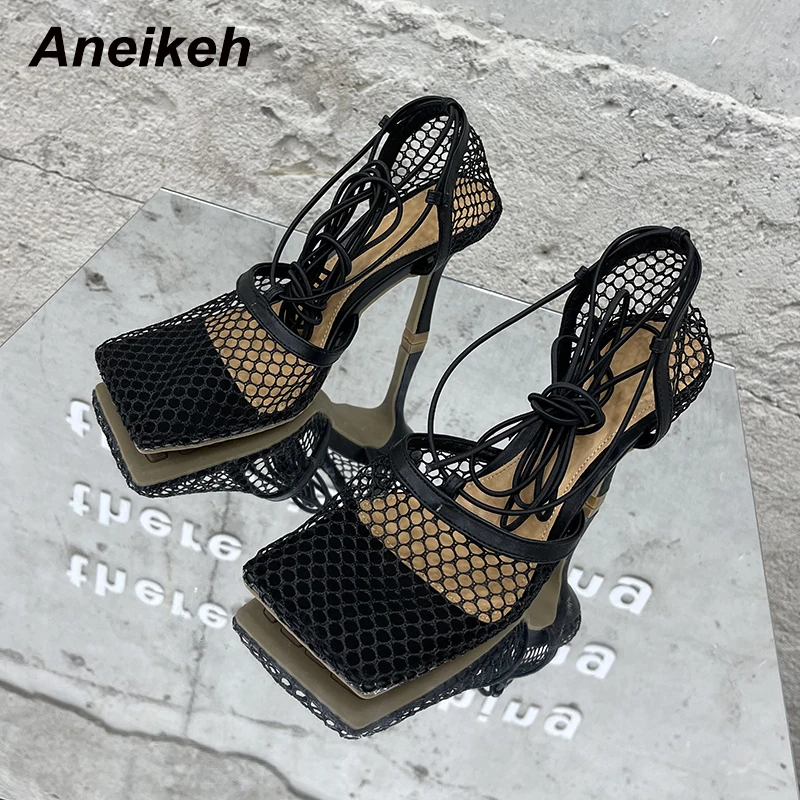 Aneikeh 2024 Summer Sexy Mesh Pumps Sandals Female Square Toe High Heel Lace Up Cross-Tied Stiletto Hollow Dress Party Shoes