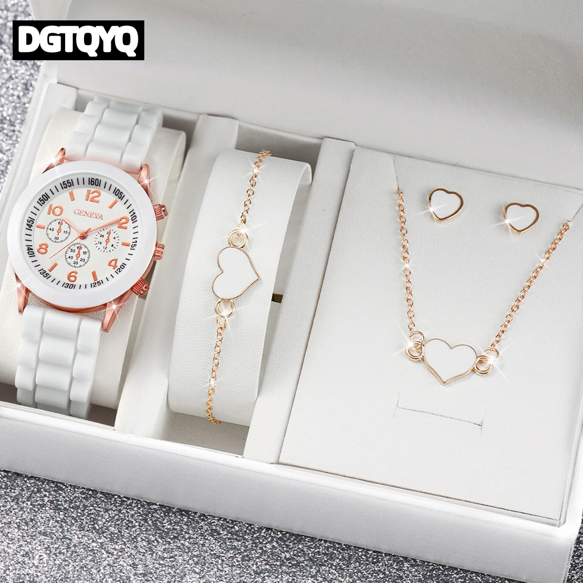 4pcs/set Fashion Black Silicone Band Women Quartz Watches Love Heart Bracelet Jewelry Sets(Without Box)