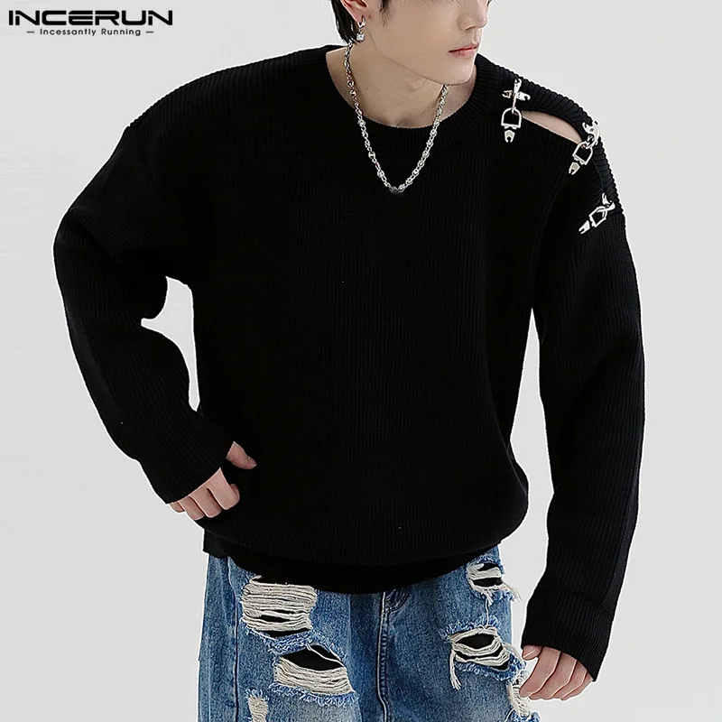 Men Casual T Shirt Solid Color Knitted O-neck Long Sleeve Hollow Out Tee Tops 2023 Streetwear Fashion Camisetas S-5XL INCERUN