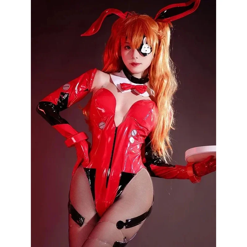 

Сексуальный костюм Asuka Langley Soryu, аниме, женский комбинезон с масками для глаз, перчатками, боди с ушками, полный костюм для Хэллоуина