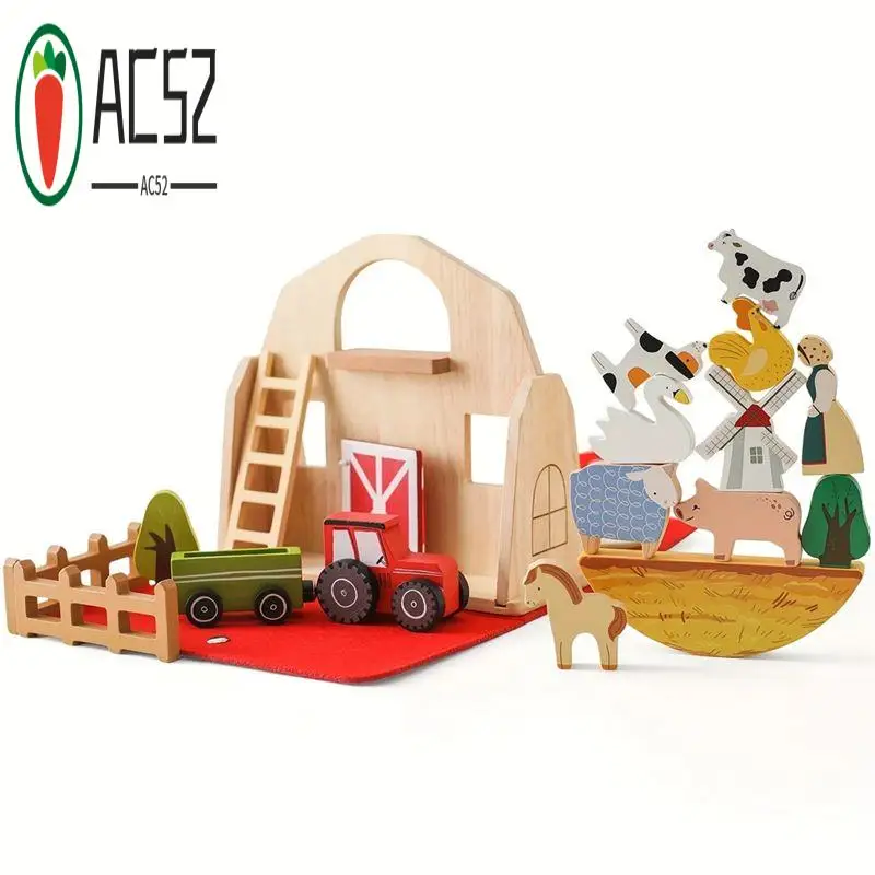 AC52-18Pcs Farm Animals Barn Wooden Montessori Stacking For Toddlers Red Barn Farm Pretend Playset Birthday Gift