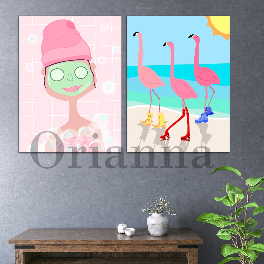 

Tropical Beach Pastel Flamingo Self Care Spa Cute Funny Wall Art Prints Posters Modern Home Bathroom Toilet Decor Painting Gift