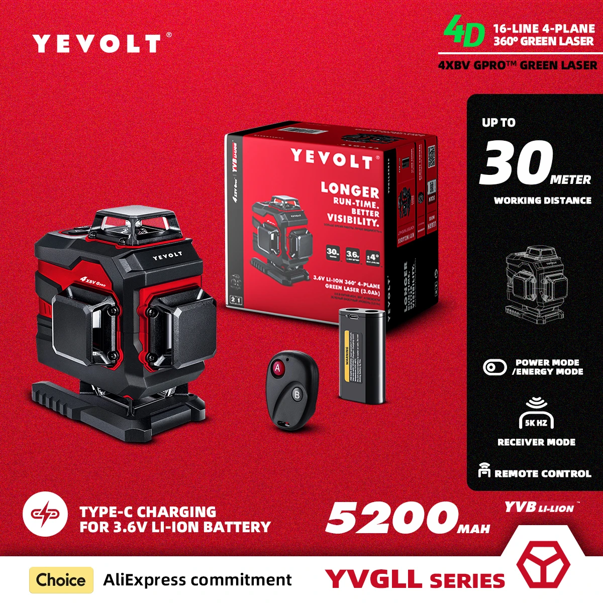 

YEVOLT YVGLL4XS16PRO 16 Lines 4-Plane Green Laser Level Tools 4D with 5200mAh Battery Self-Leveling Horizontal & Vertical