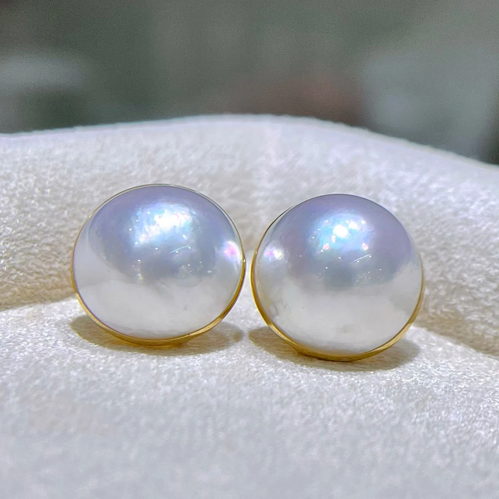 Rare Aurora White Natural Seawater Mabe Pearl 18K Gold Stud Earrings 15-16mm Big Pearl Earrings Wedding Jewelry Birthday Gift